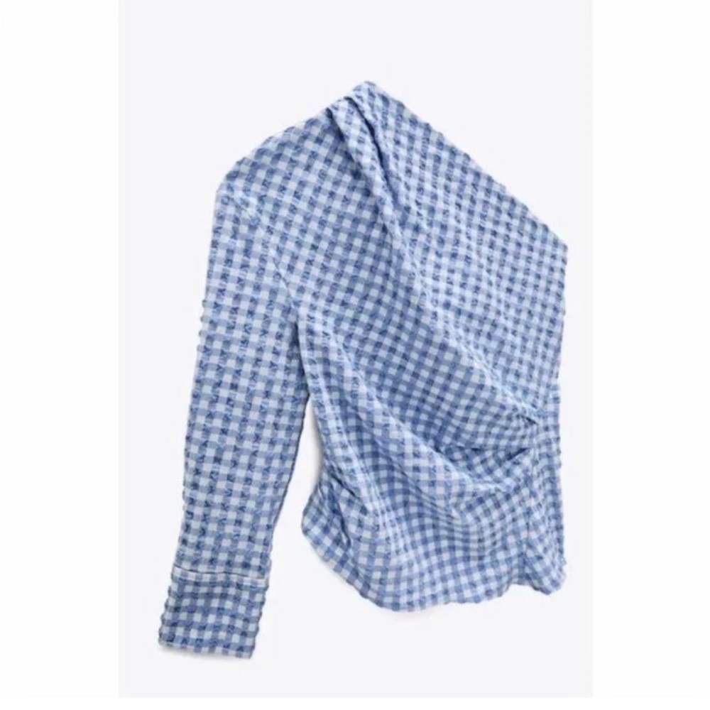 ZARA Women’s, Asymmetric, Poplin, One Shoulder Blouse Blue Check,NWOT Size XS